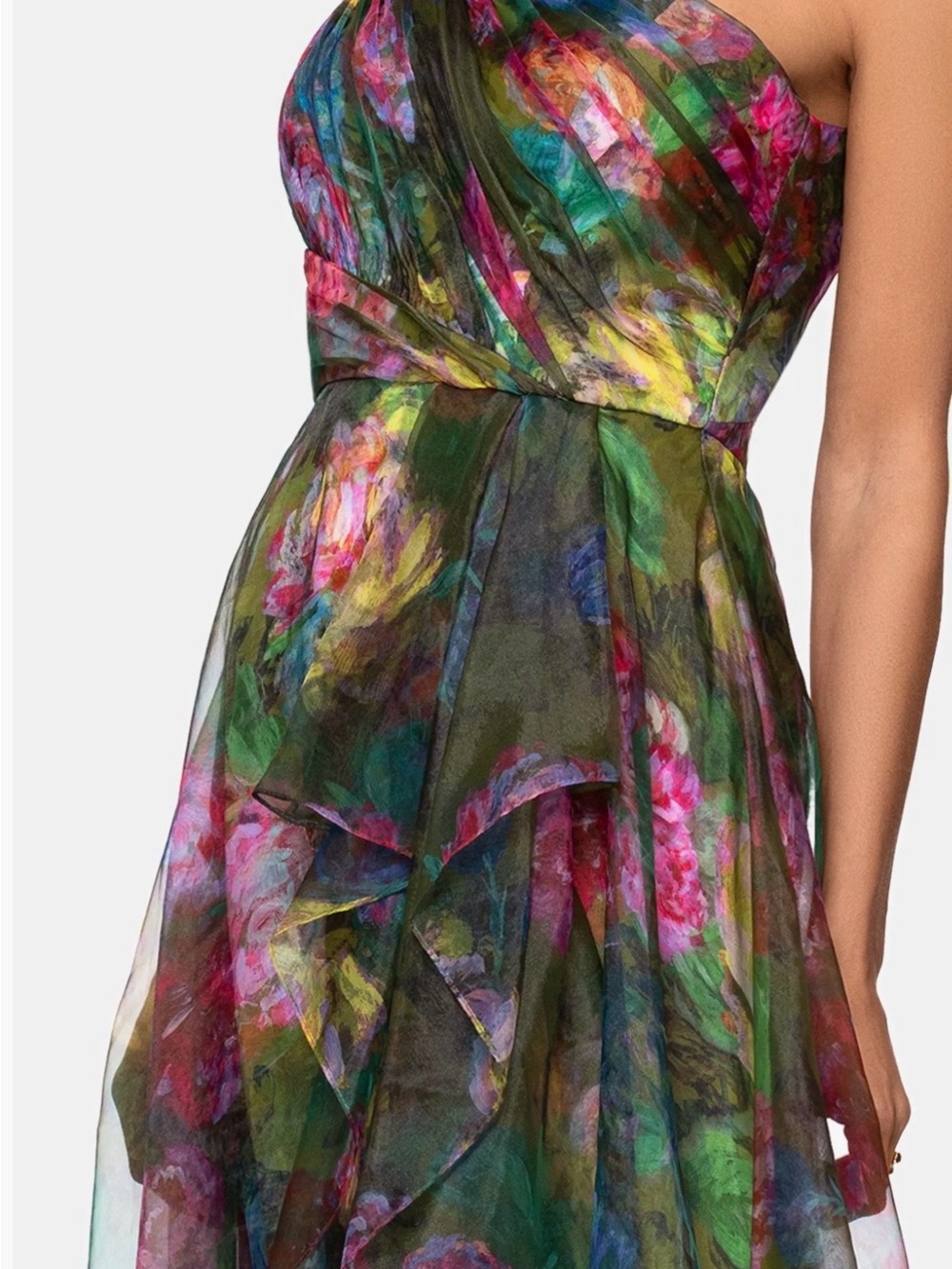 Xscape One-Shoulder Floral Maxi Dress in Green and Pink - Picture 2 of 7